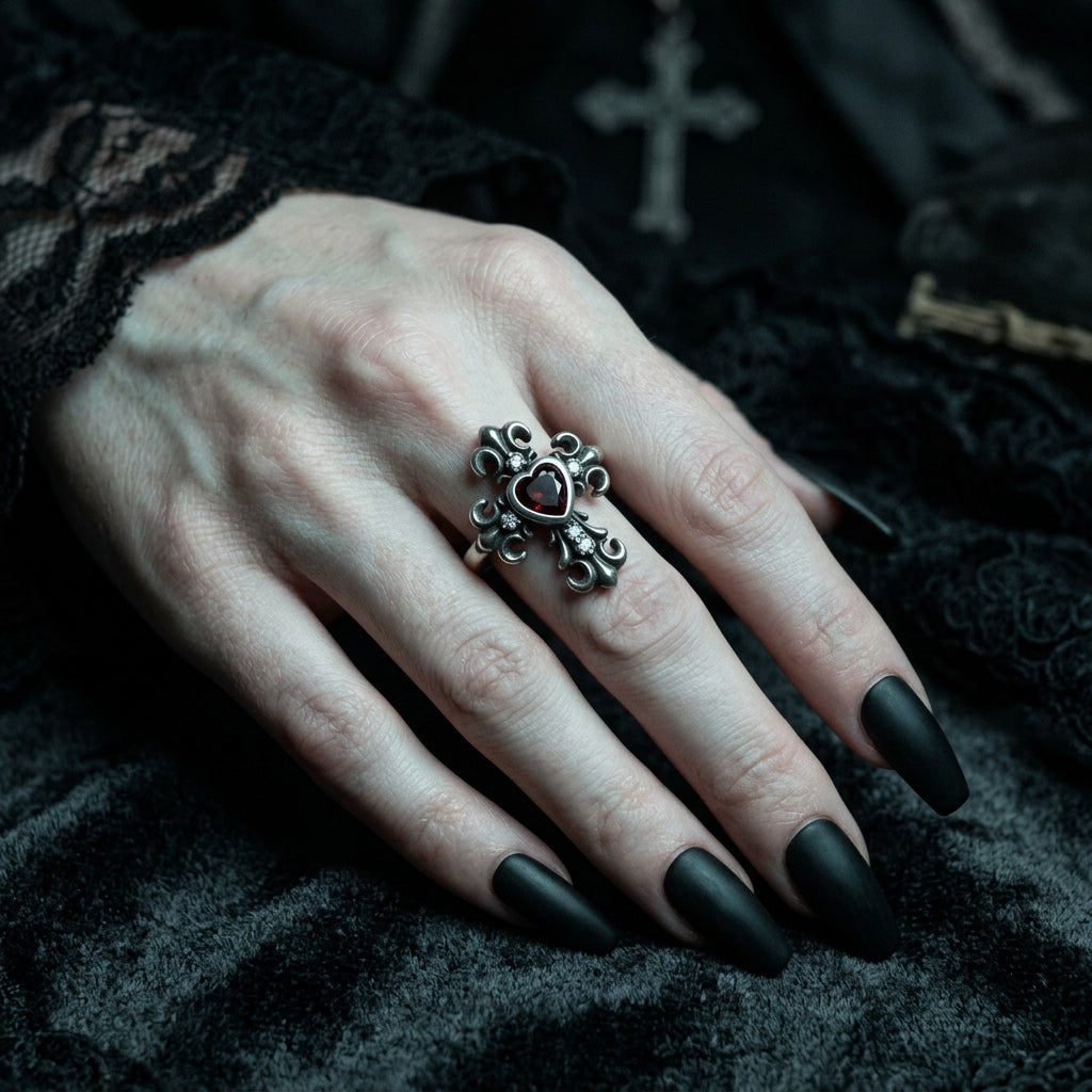 Crimson Heart Cross Ring