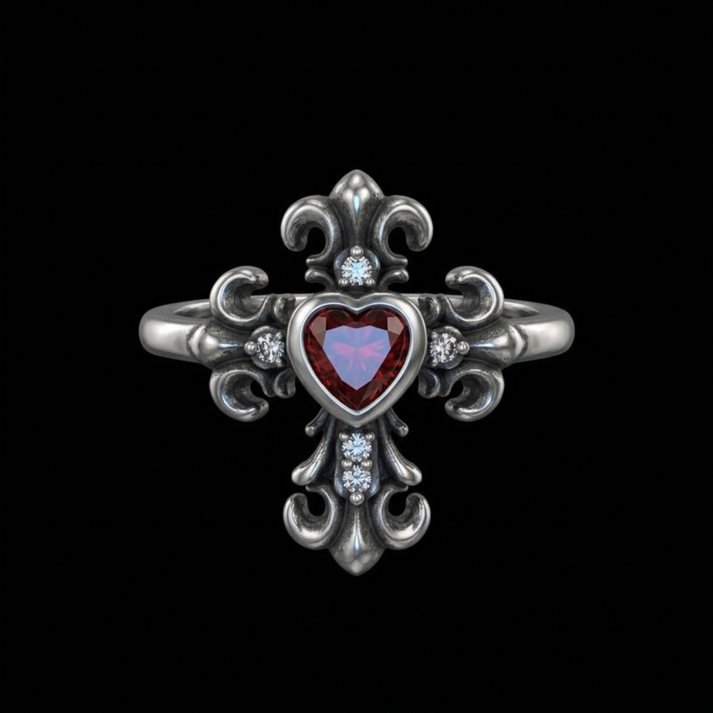 Crimson Heart Cross Ring