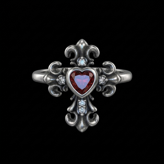 Crimson Heart Cross Ring